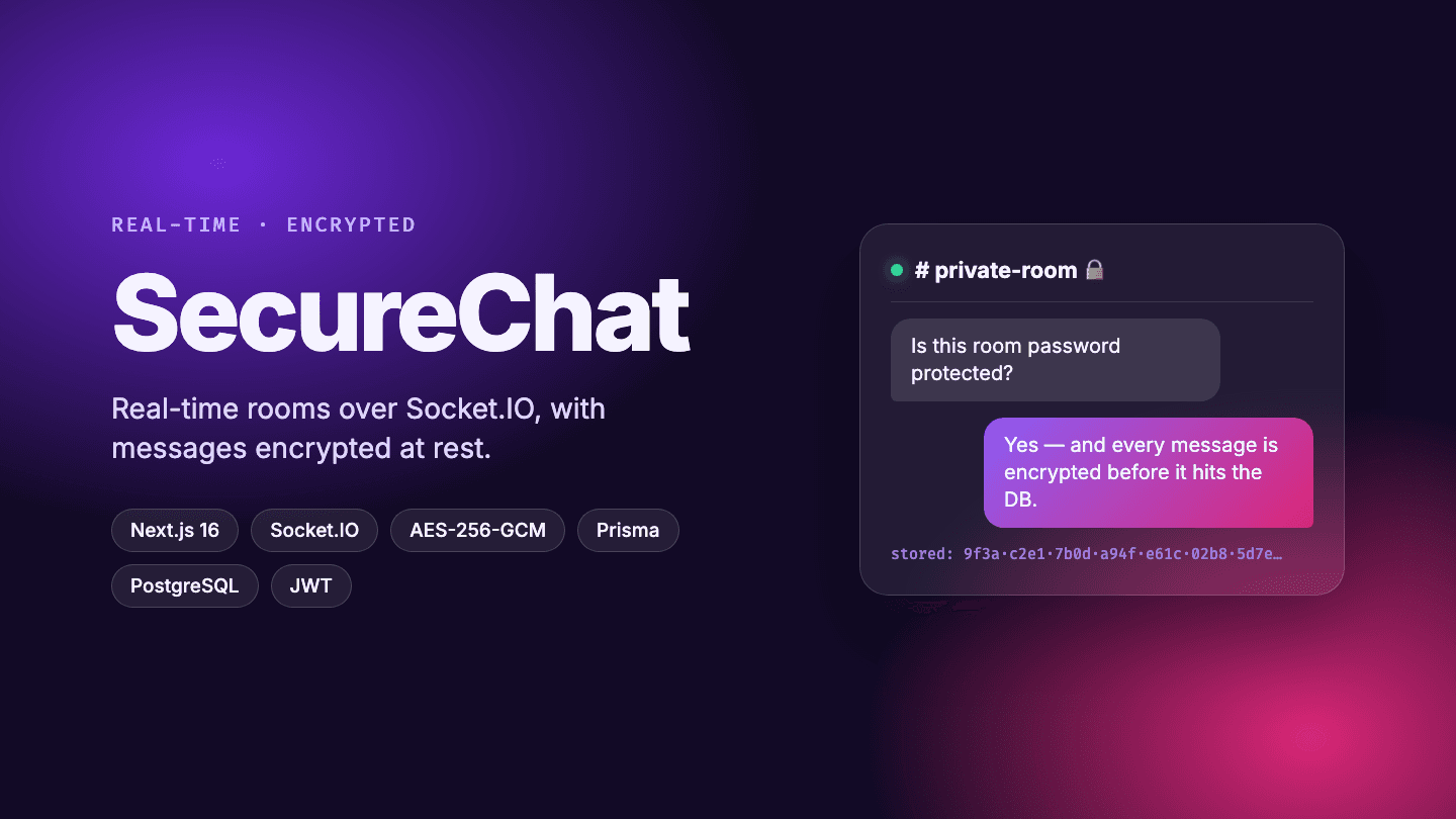SecureChat cover showing a private chat room with encrypted messages
